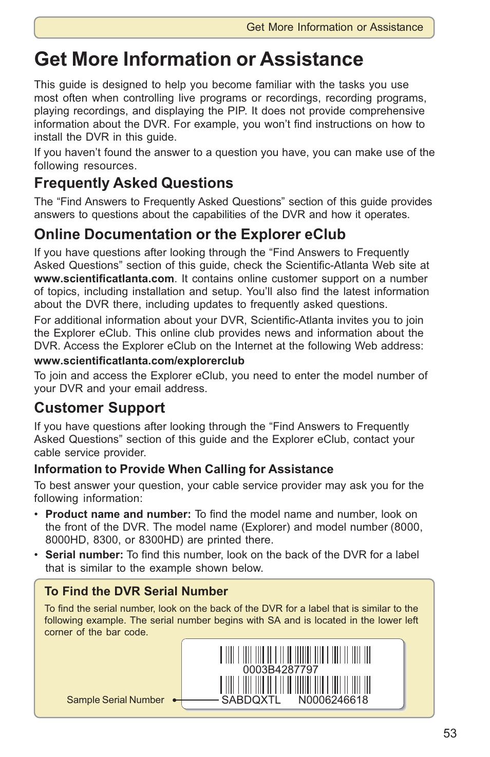 Get more information or assistance, Frequently asked questions, Online documentation or the explorer eclub | Customer support | Scientific Atlanta 8000HD User Manual | Page 56 / 65
