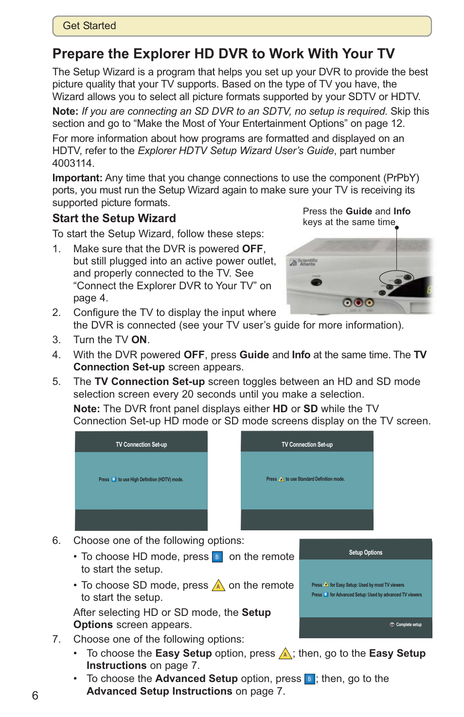 Prepare the explorer hd dvr to work with your tv, Start the setup wizard | Scientific Atlanta 8000HD User Manual | Page 9 / 65