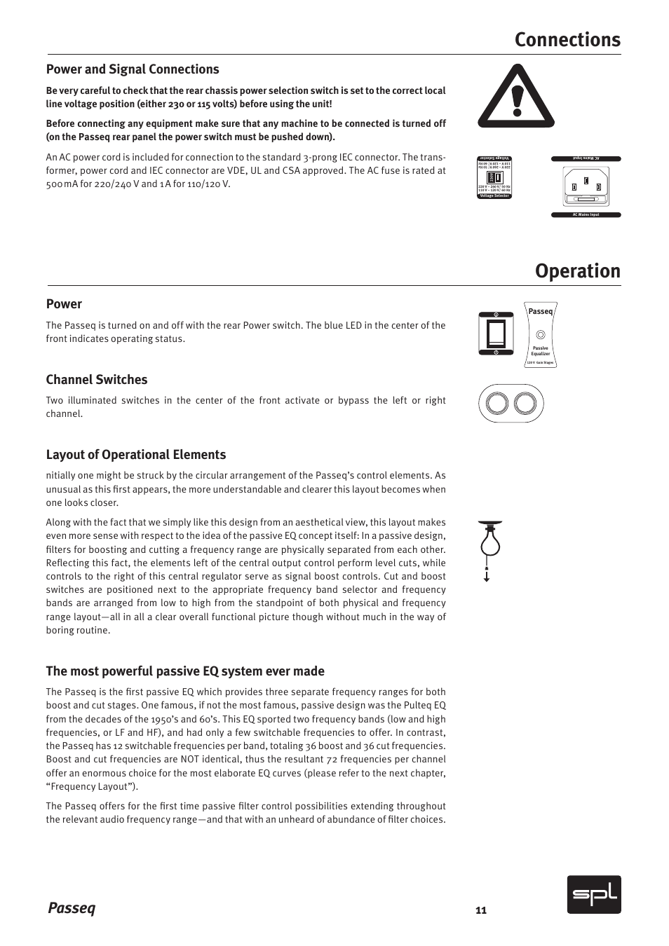 Connections, Operation, Passeq | Power and signal connections, Power, Channel switches, Layout of operational elements, The most powerful passive eq system ever made | Sound Performance Lab 2595 User Manual | Page 11 / 28