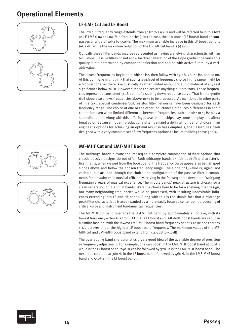 Operational elements, Passeq, Lf-lmf cut and lf boost | Mf-mhf cut and lmf-mhf boost | Sound Performance Lab 2595 User Manual | Page 14 / 28