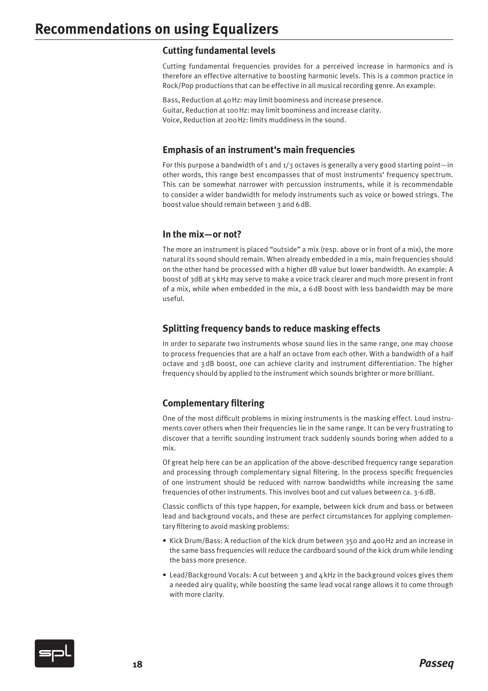 Recommendations on using equalizers, Passeq | Sound Performance Lab 2595 User Manual | Page 18 / 28