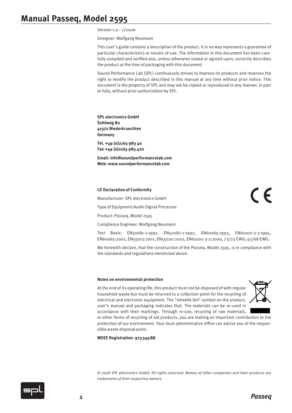 Manual passeq, model 2595, Passeq | Sound Performance Lab 2595 User Manual | Page 2 / 28