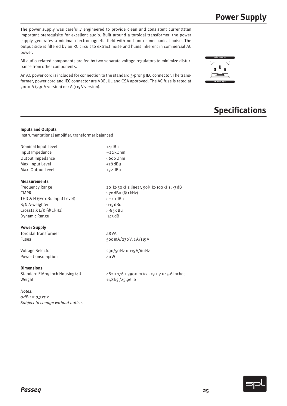 Power supply, Specifications, Passeq | Sound Performance Lab 2595 User Manual | Page 25 / 28