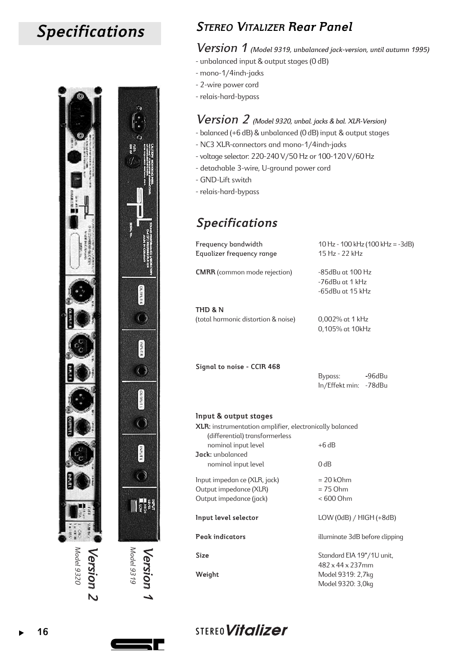 Specifications, Rear panel version 1, Version 2 | Vv ee rrss iioo nn 11, Vv ee rrss iioo nn 22 | Sound Performance Lab 9320 User Manual | Page 16 / 17