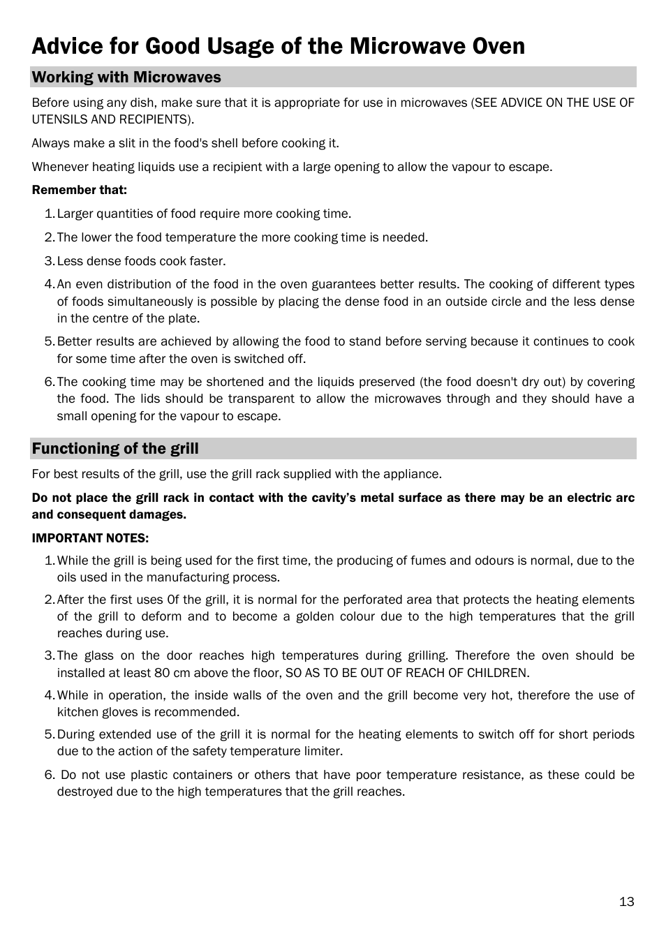 Advice for good usage of the microwave oven, Working with microwaves, Functioning of the grill | Smeg FME20EX3 User Manual | Page 14 / 22