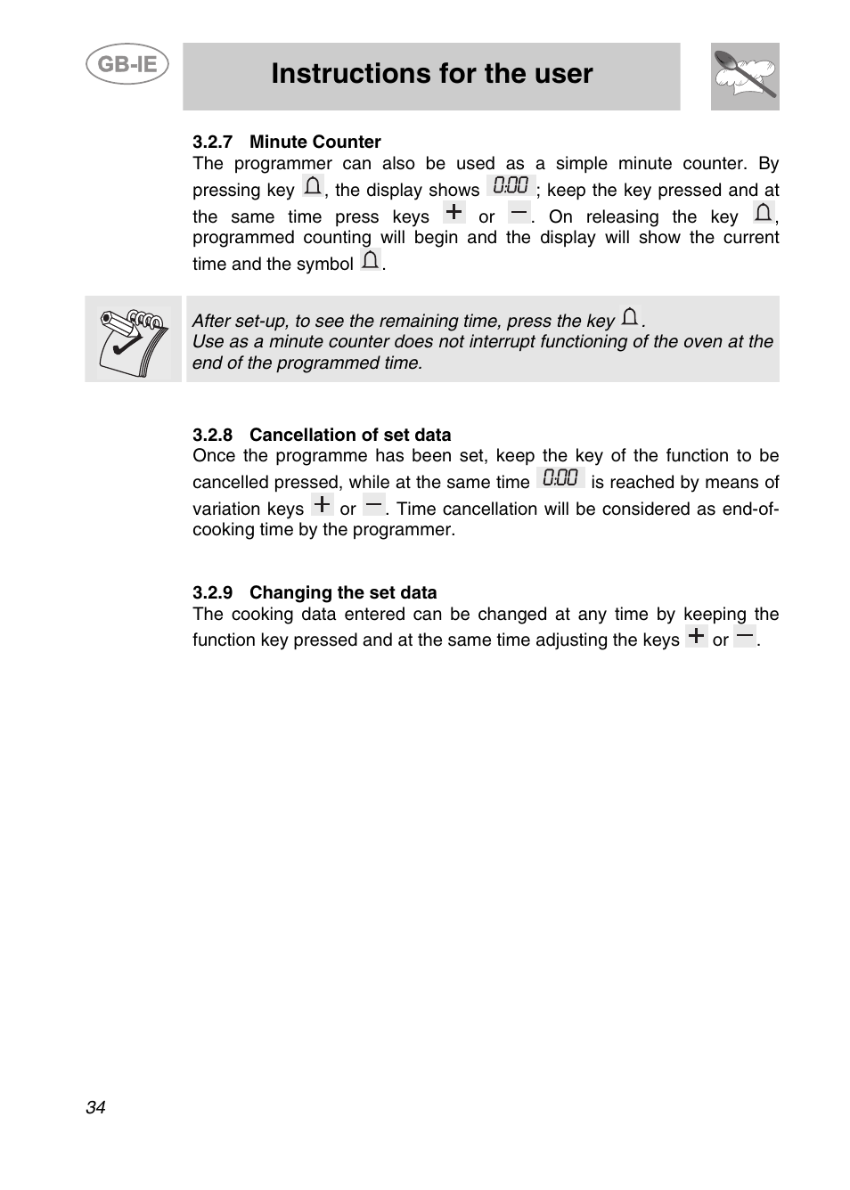 7 minute counter, 8 cancellation of set data, 9 changing the set data | Instructions for the user | Smeg S20XMFR User Manual | Page 10 / 22