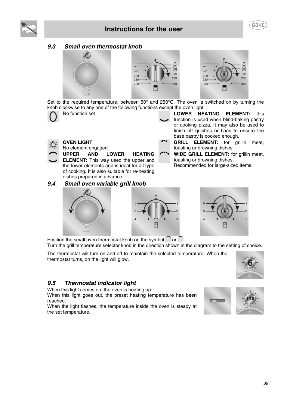 3 small oven thermostat knob, 4 small oven variable grill knob, 5 thermostat indicator light | Instructions for the user | Smeg DO10PSS User Manual | Page 13 / 25