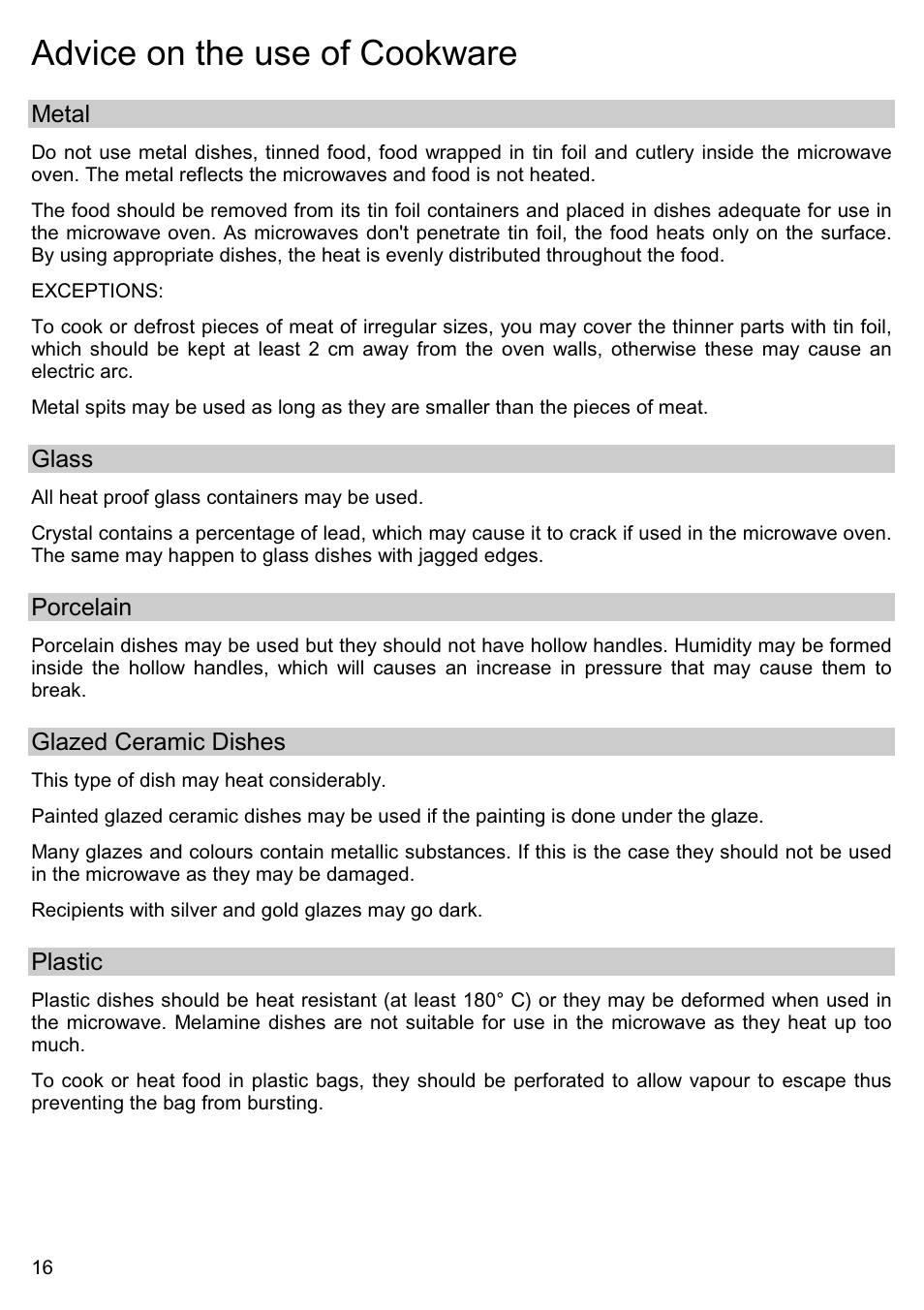 Advice on the use of cookware | Smeg ME200B User Manual | Page 15 / 21