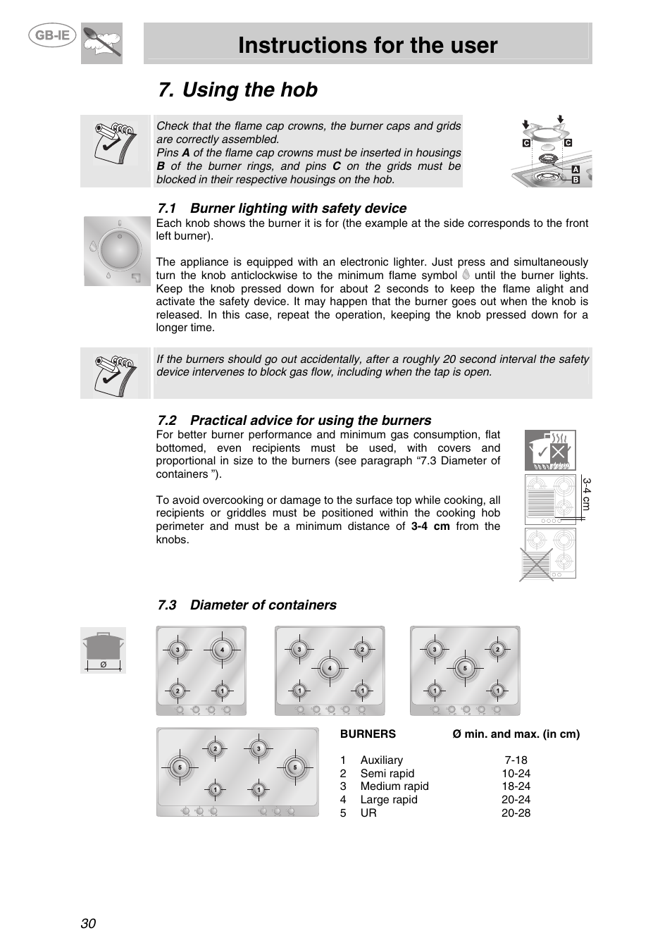 Using the hob, 1 burner lighting with safety device, 2 practical advice for using the burners | 3 diameter of containers, Burner lighting with safety device, Practical advice for using the burners, Diameter of containers, Instructions for the user | Smeg P705VT User Manual | Page 13 / 14