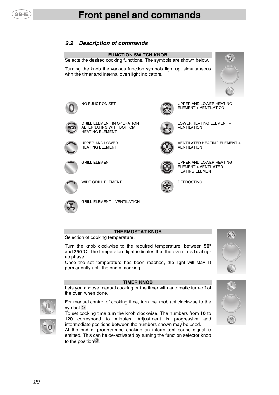Description of commands, Front panel and commands, 2 description of commands | Smeg F67-7 User Manual | Page 4 / 14