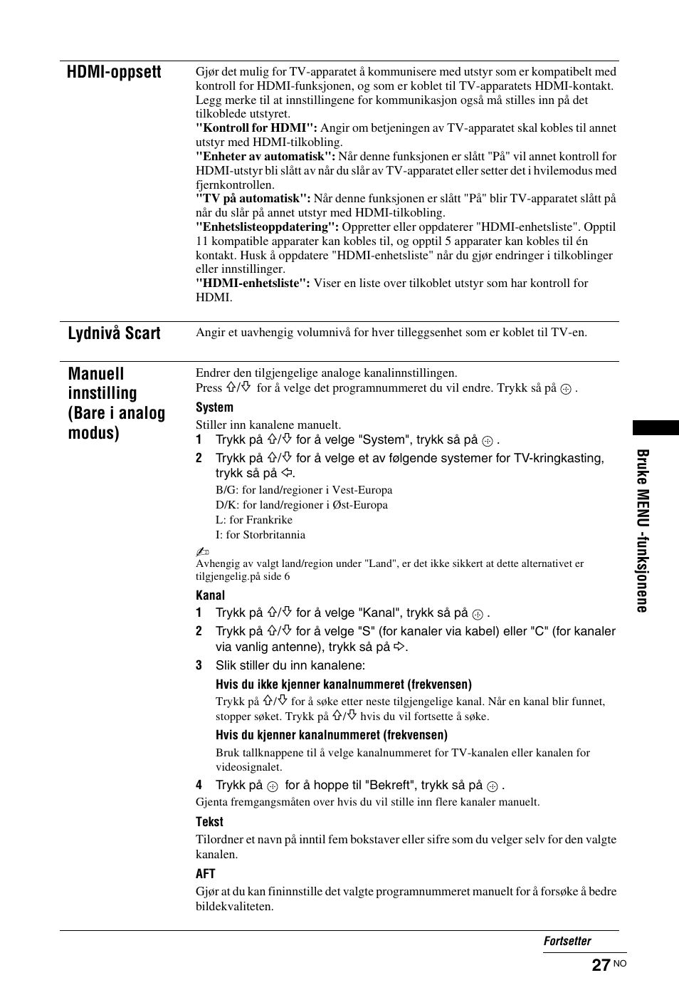 På side 27, Hdmi-oppsett, Lydnivå scart | Manuell innstilling (bare i analog modus) | Sony KDL-26 L4000 User Manual | Page 91 / 227