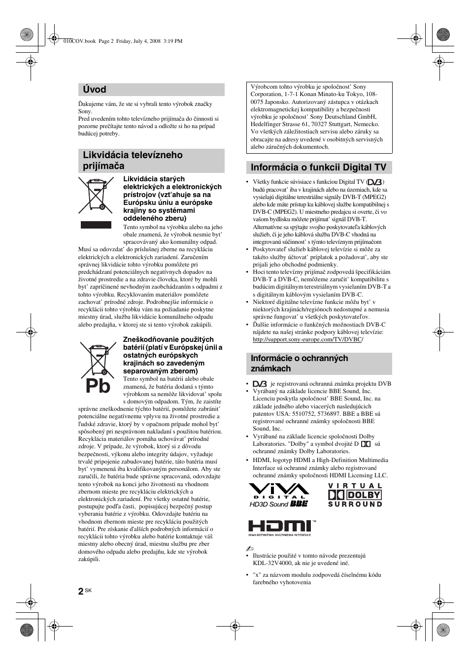 Informácie o ochranných známkach | Sony KDL-26 S4000 User Manual | Page 122 / 181