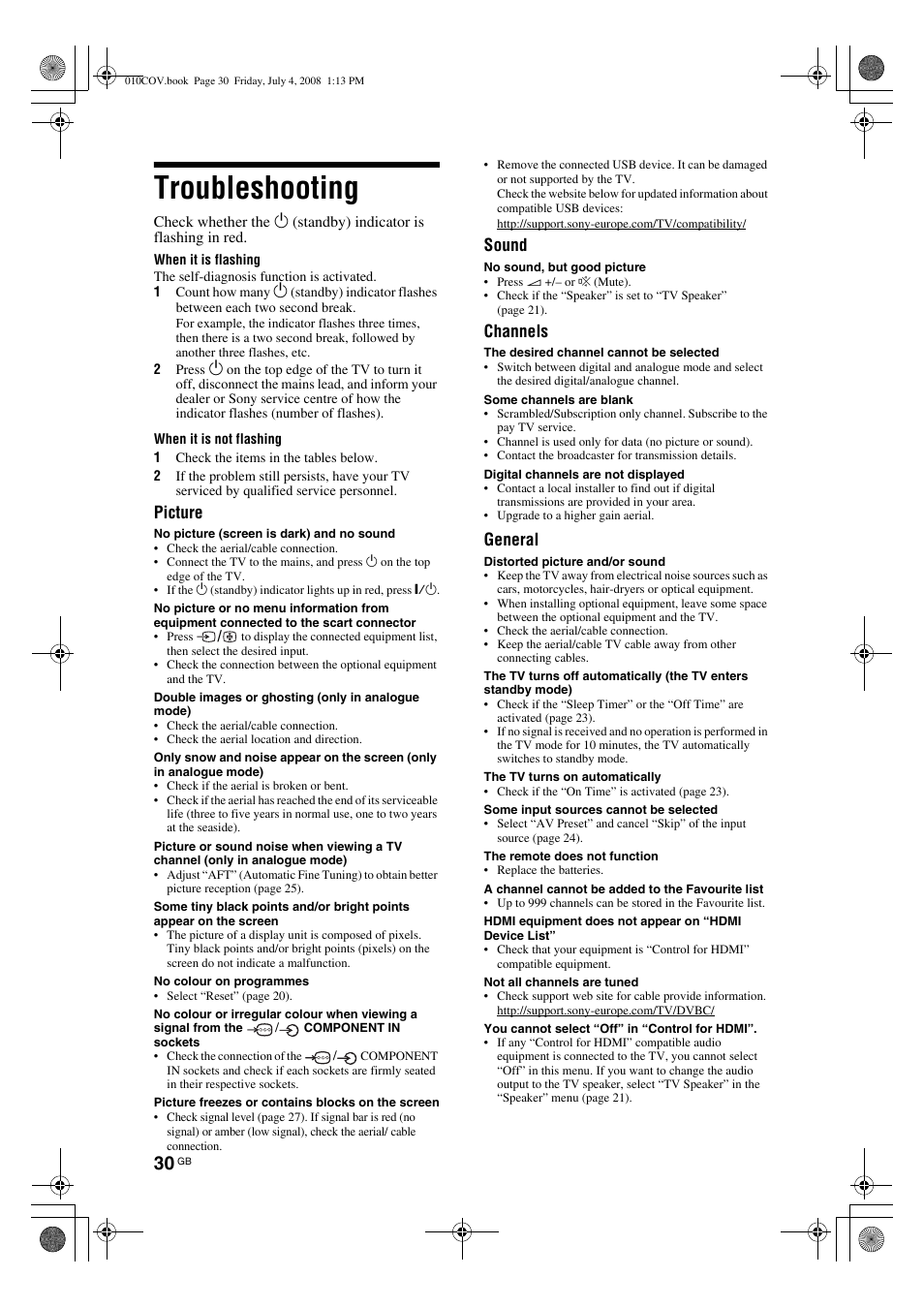 Troubleshooting, Picture, Sound | Channels, General | Sony KDL-26 S4000 User Manual | Page 30 / 181