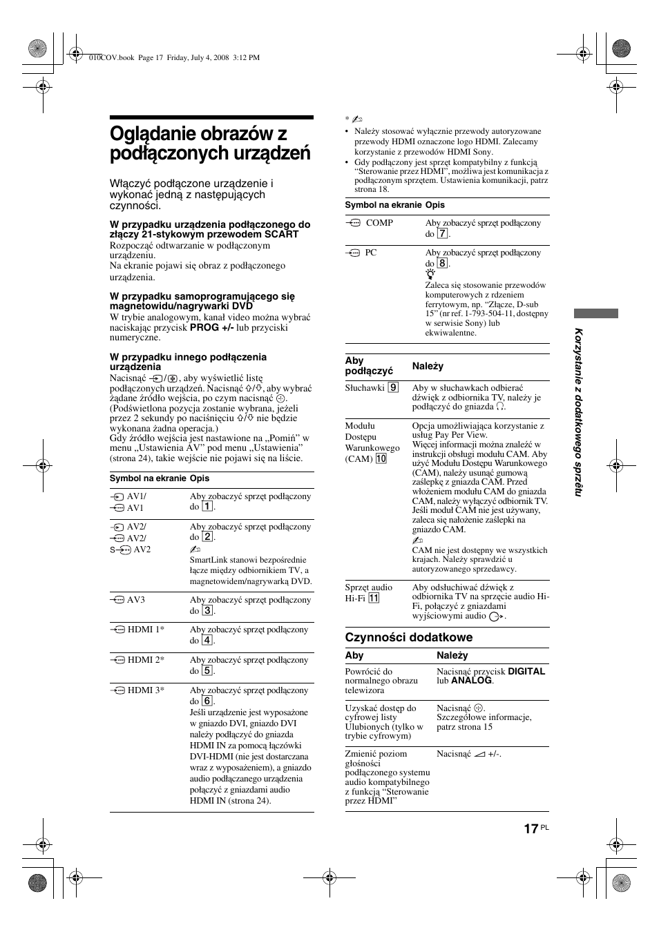 Oglądanie obrazów z podłączonych urządzeń, Czynności dodatkowe | Sony KDL-26 S4000 User Manual | Page 77 / 181