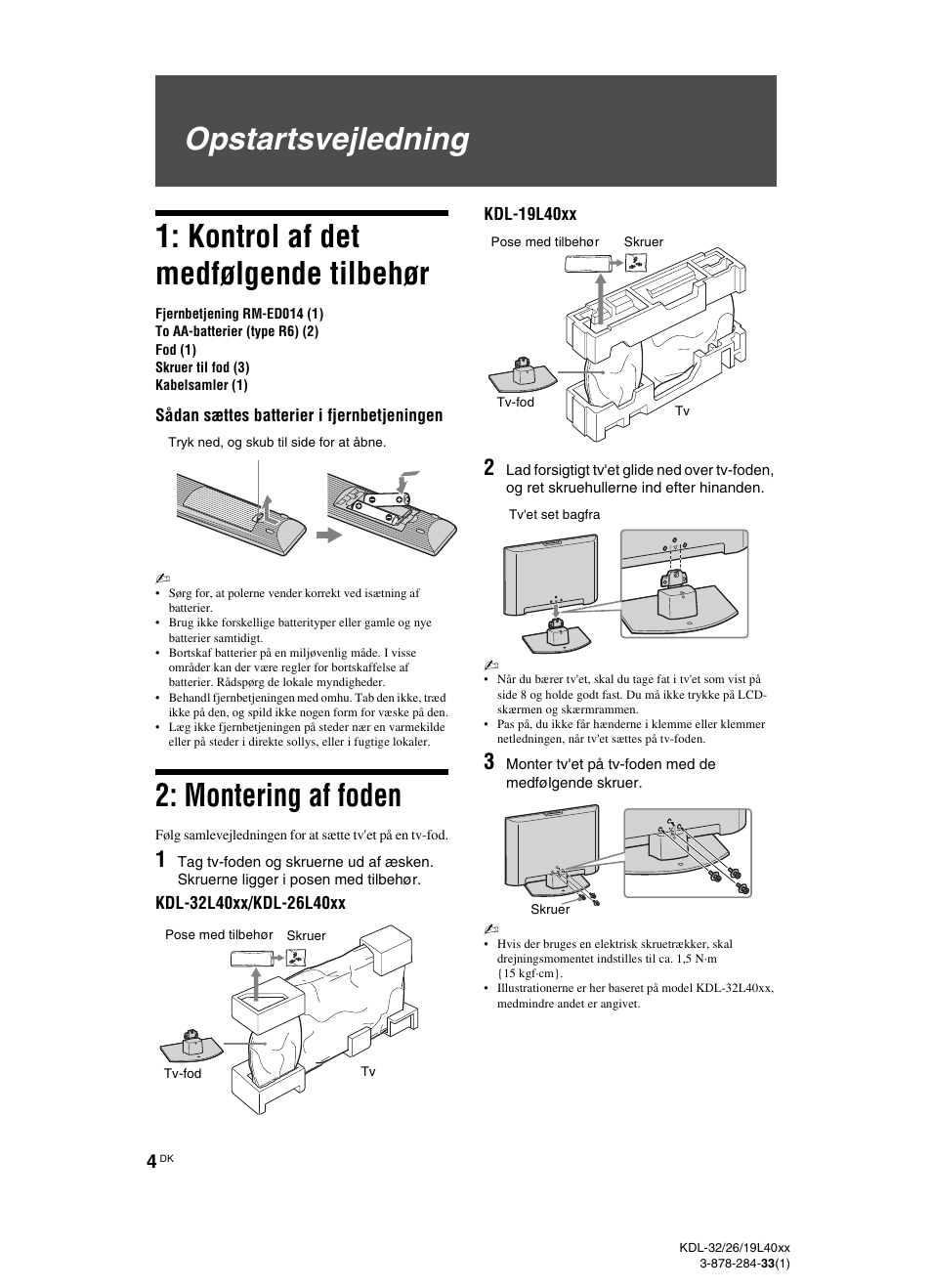 Opstartsvejledning, Montering af foden | Sony KDL-19L4000 User Manual | Page 4 / 255