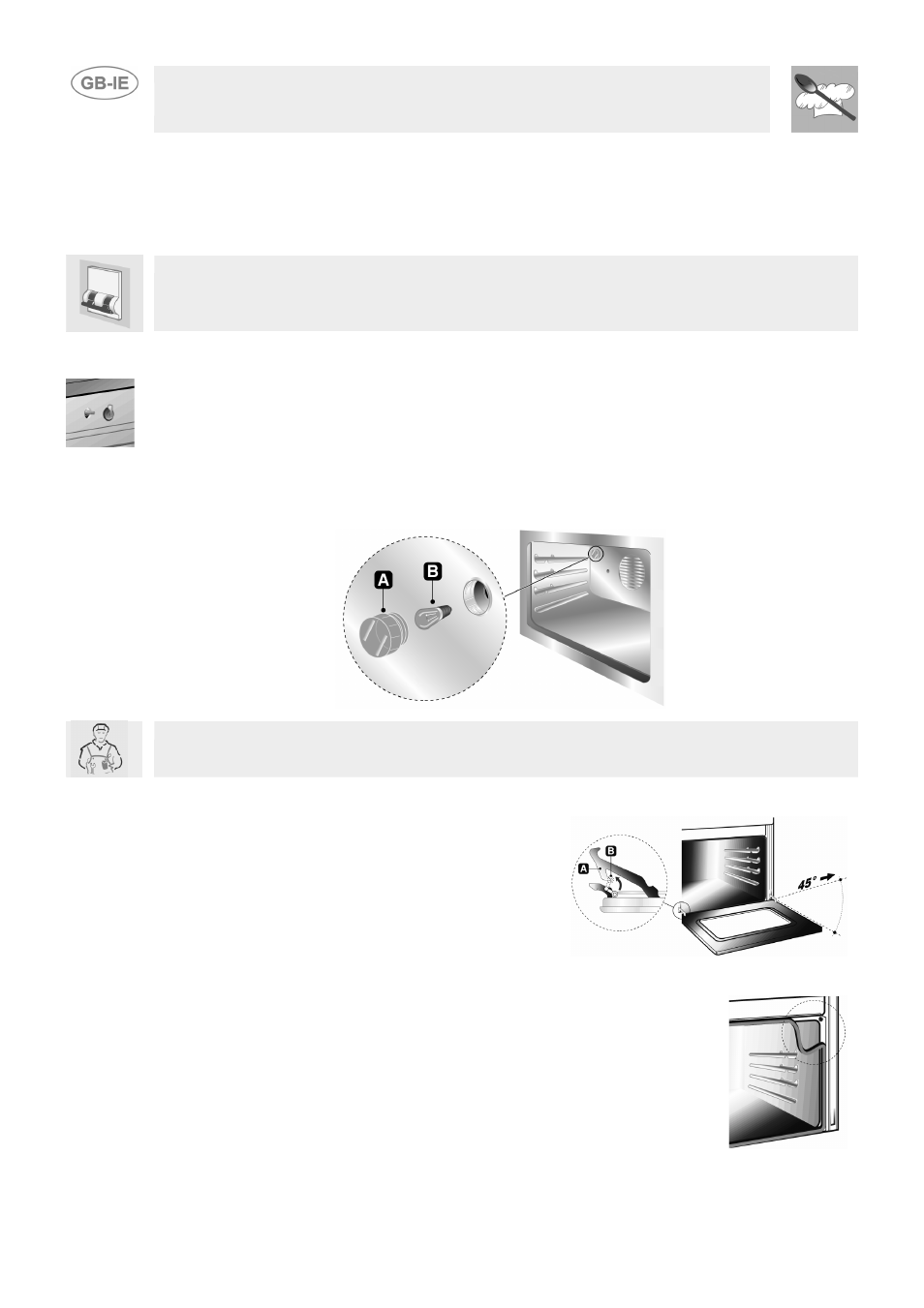 Extraordinary maintenance, Lubrication of the taps and gas oven thermostat, Replacement of light bulb | Removing the door, Oven door seal, Instructions for the user, 8 extraordinary maintenance, 1 lubrication of the taps and gas oven thermostat, 2 replacement of light bulb, 3 removing the door | Smeg SUK61CMFX User Manual | Page 16 / 16