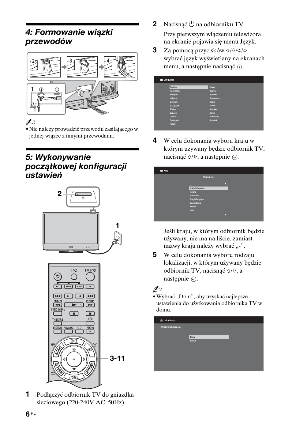 Formowanie wiązki przewodów, Wykonywanie początkowej konfiguracji ustawień | Sony KDL-40 Z4500 User Manual | Page 64 / 195