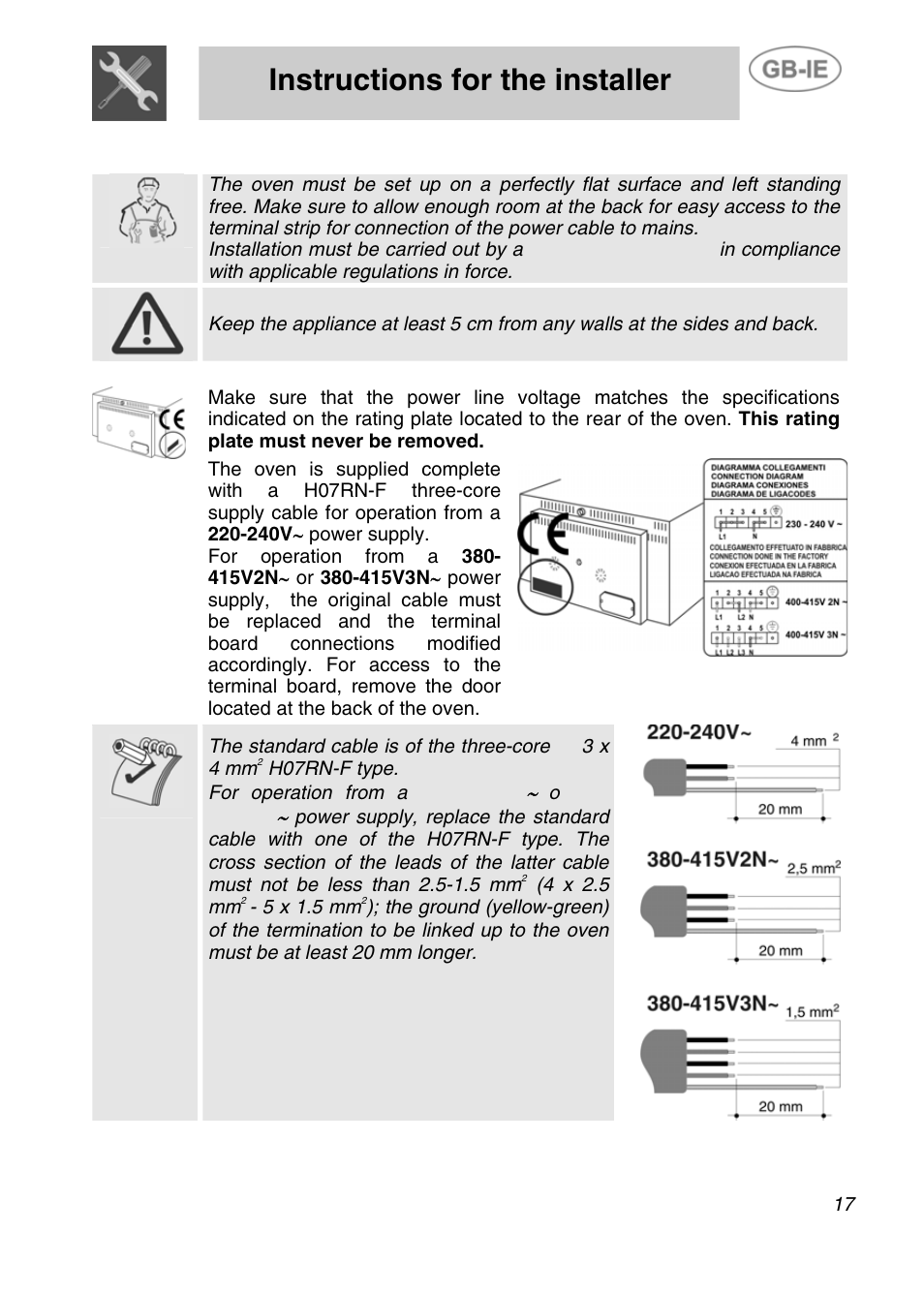 Instructions for the installer, Installation of the oven, 1 electrical connection | Smeg ALFA161XK User Manual | Page 4 / 11