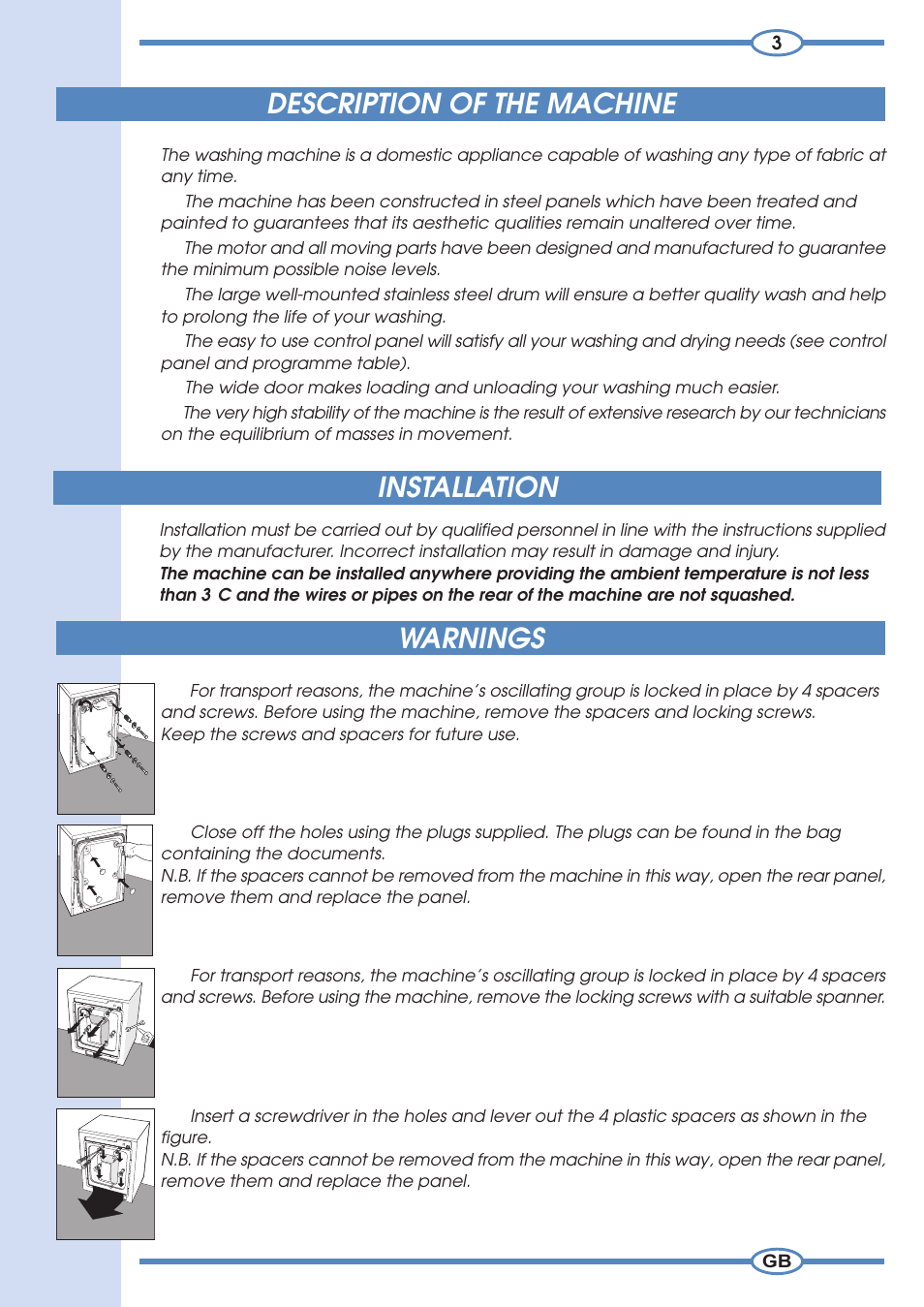 Description of the machine installation, Warnings | Smeg 633ST User Manual | Page 4 / 16