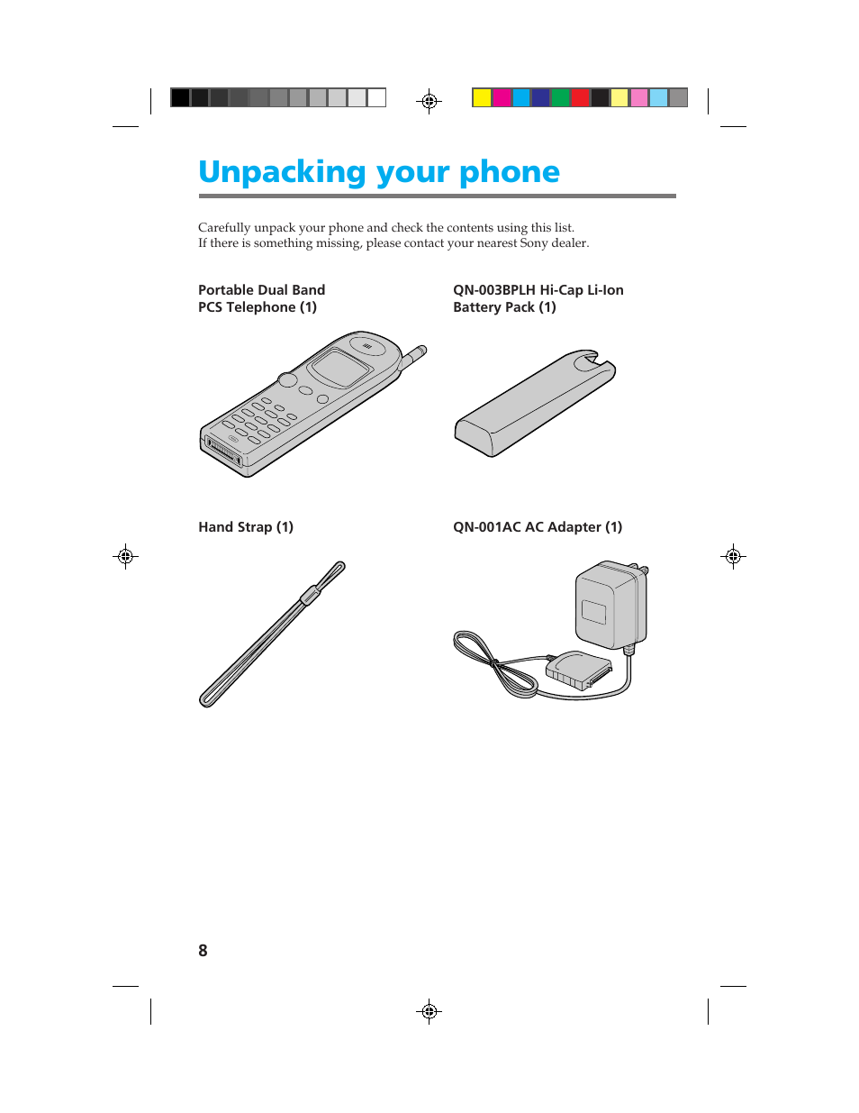 Unpacking your phone | Sony CM-B1200 User Manual | Page 8 / 84