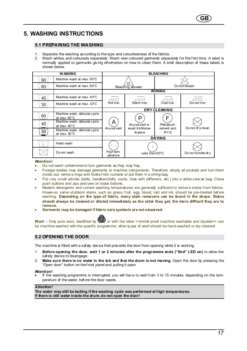 Washing instructions | Smeg WDI12C User Manual | Page 17 / 31