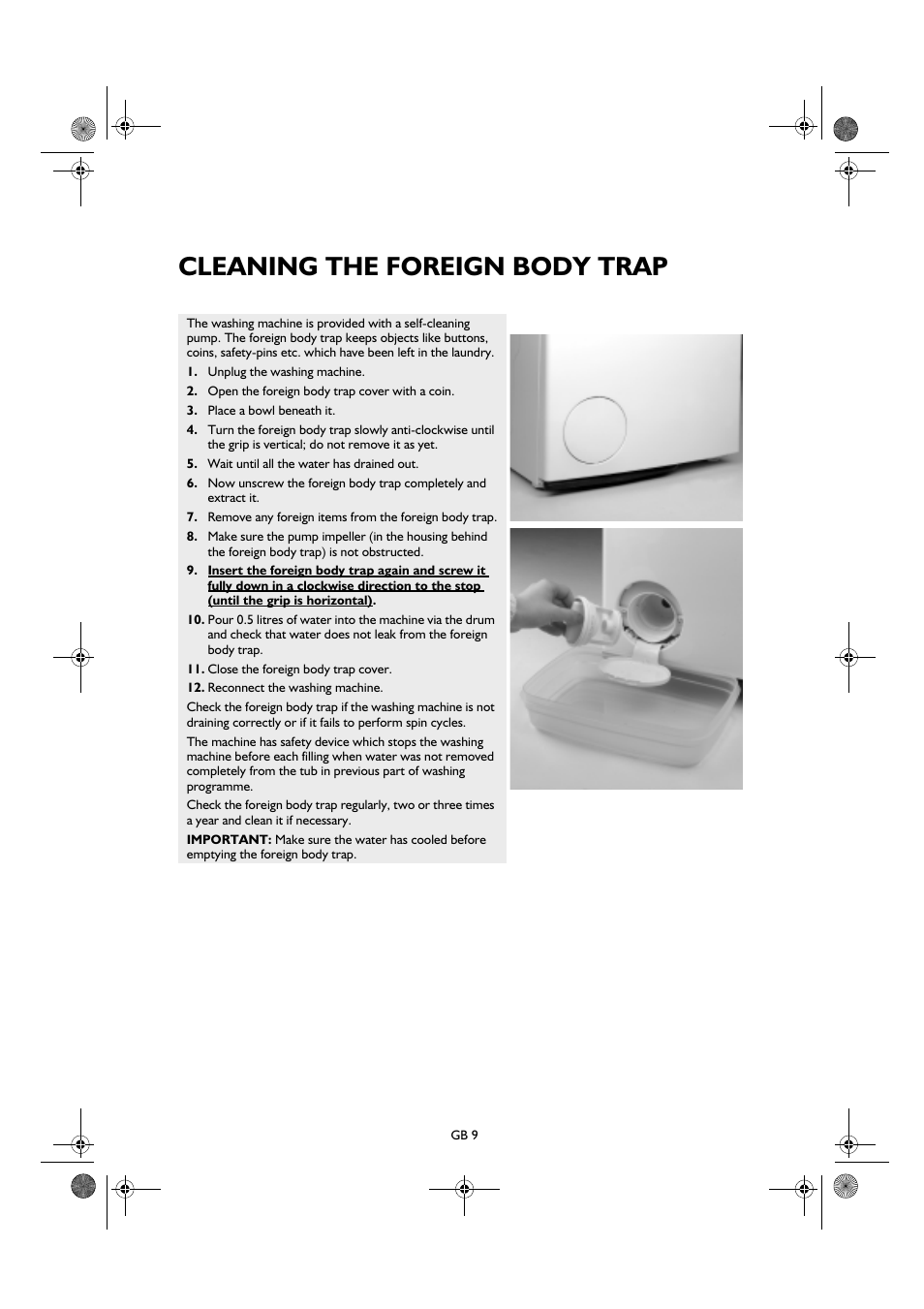 Cleaning the foreign body trap | Smeg K600TL1 User Manual | Page 9 / 20