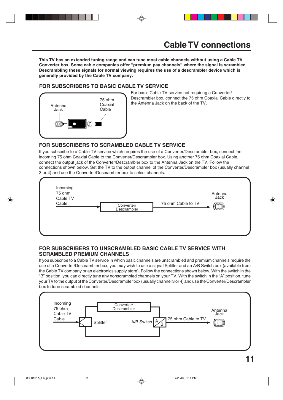 Cable tv connections | Sansui HDLCD2600 User Manual | Page 11 / 44