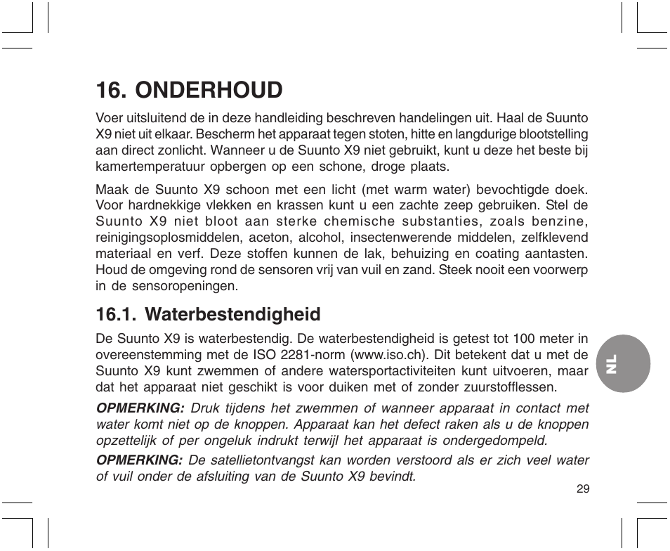 Onderhoud, Waterbestendigheid | SUUNTO X9 User Manual | Page 205 / 286