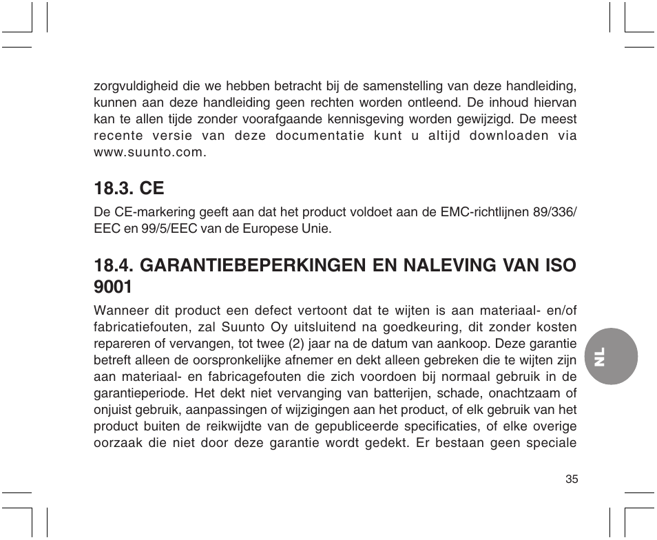 Garantiebeperkingen en naleving van iso 9001 | SUUNTO X9 User Manual | Page 211 / 286