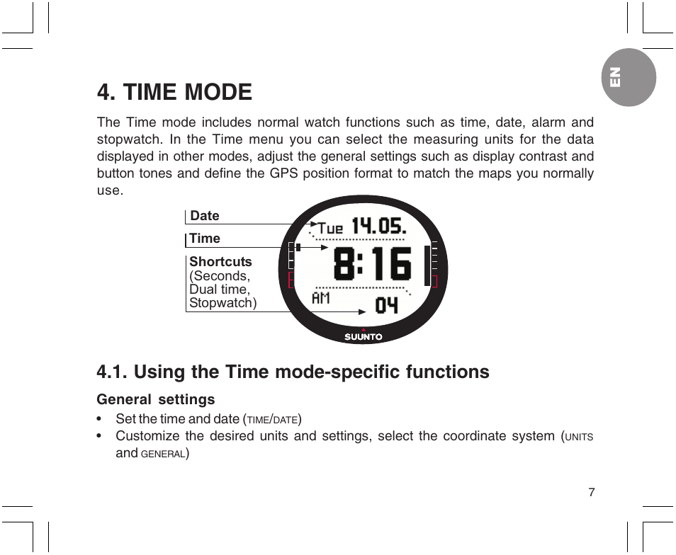 Time mode, Using the time mode-specific functions | SUUNTO X9 User Manual | Page 7 / 286
