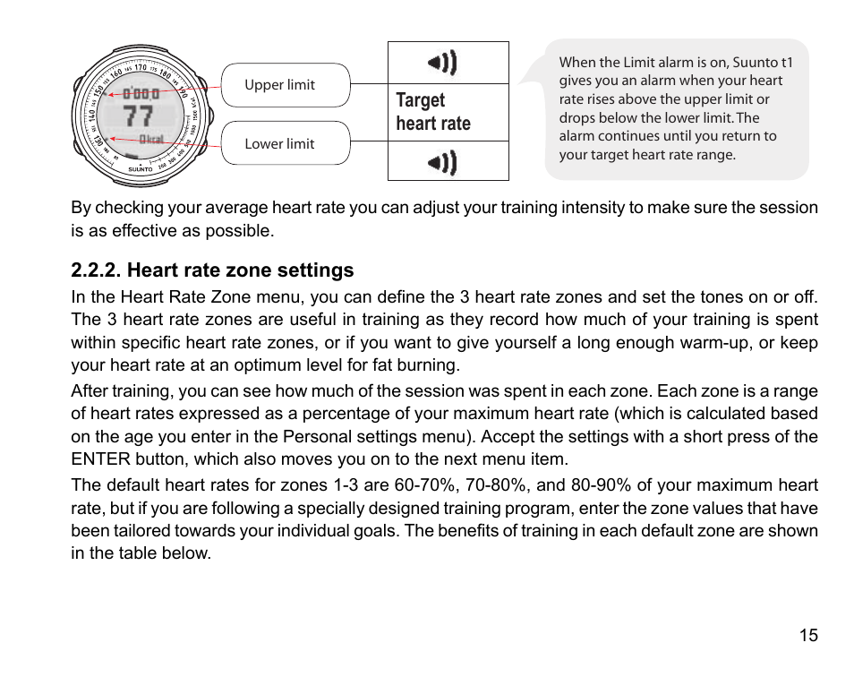 Heart rate zone settings | SUUNTO t1 User Manual | Page 17 / 40