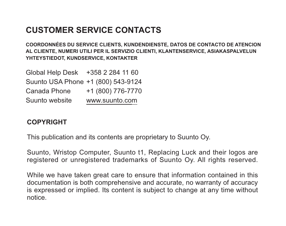 Customer service contacts | SUUNTO t1 User Manual | Page 39 / 40