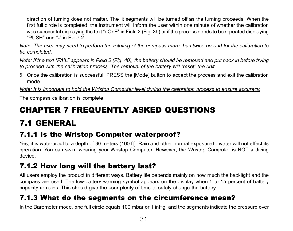 Chapter 7 frequently asked questions 7.1 general, 1 is the wristop computer waterproof, 2 how long will the battery last | 3 what do the segments on the circumference mean | SUUNTO MARINER | REGATTA | YACHTSMAN User Manual | Page 38 / 288