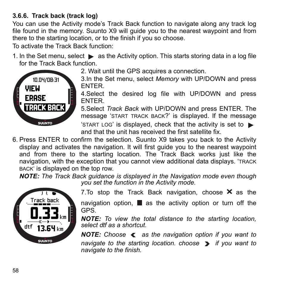 Track back (track log), 6 track back (track log) | SUUNTO X9_en. User Manual | Page 60 / 100