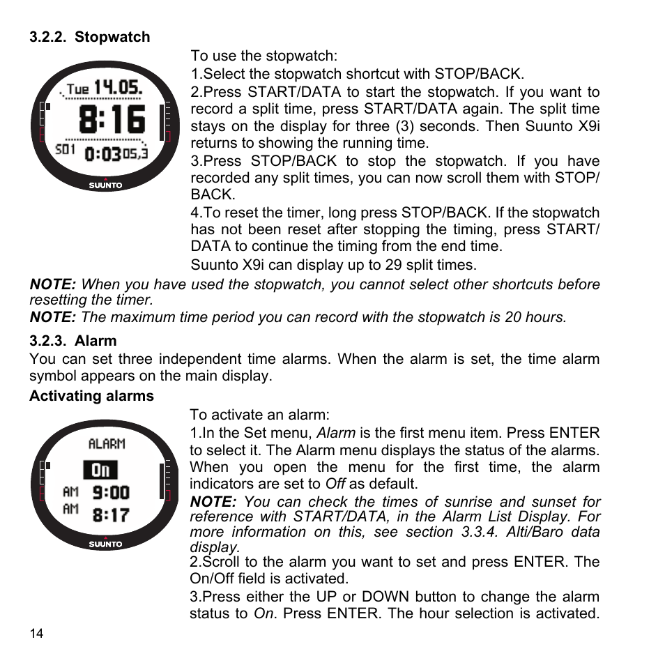 Stopwatch, Alarm, 2 stopwatch 3.2.3 alarm | SUUNTO X9i User Manual | Page 15 / 97