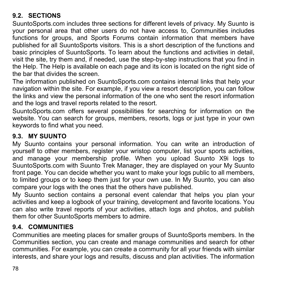 Sections, My suunto, Communities | 2 sections 9.3 my suunto 9.4 communities | SUUNTO X9i User Manual | Page 79 / 97