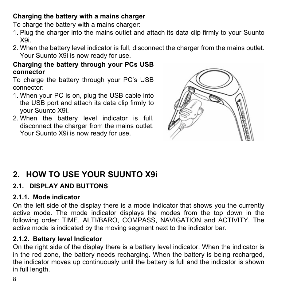 How to use your suunto x9i, Display and buttons, Mode indicator | Battery level indicator, 1 display and buttons, 1 mode indicator 2.1.2 battery level indicator | SUUNTO X9i User Manual | Page 9 / 97