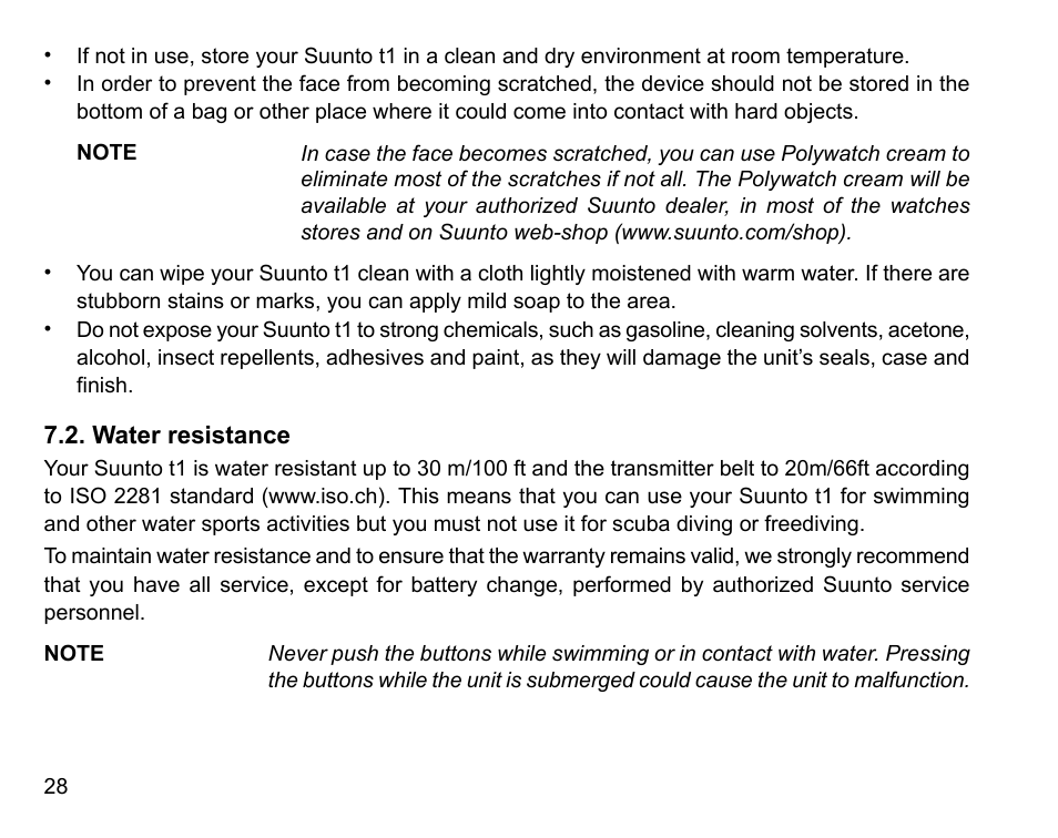 Water resistance | SUUNTO Stopwatch User Manual | Page 30 / 38