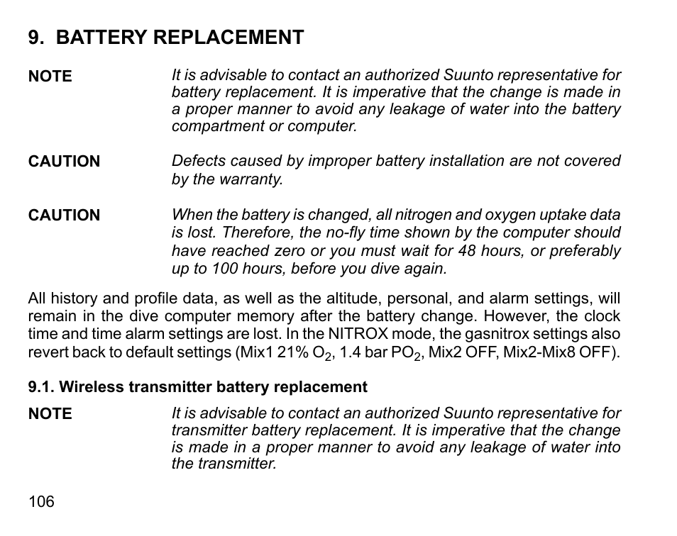 Battery replacement, Wireless transmitter battery replacement | SUUNTO D6I User Manual | Page 105 / 130