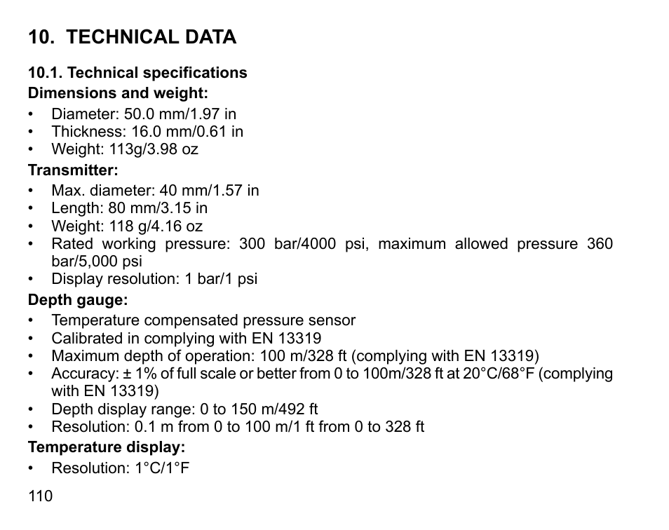 Technical data, Technical specifications | SUUNTO D6I User Manual | Page 109 / 130