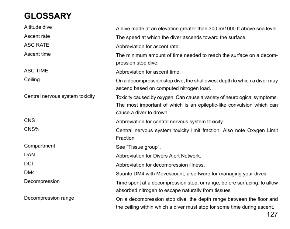 Glossary | SUUNTO D6I User Manual | Page 126 / 130