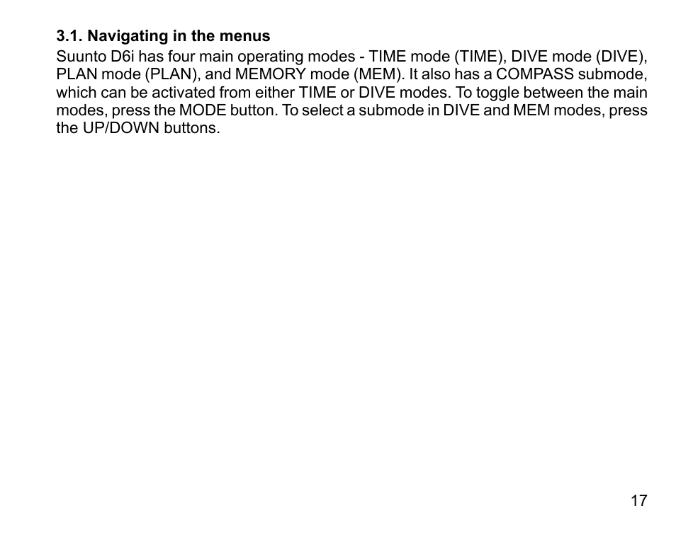 Navigating in the menus | SUUNTO D6I User Manual | Page 16 / 130