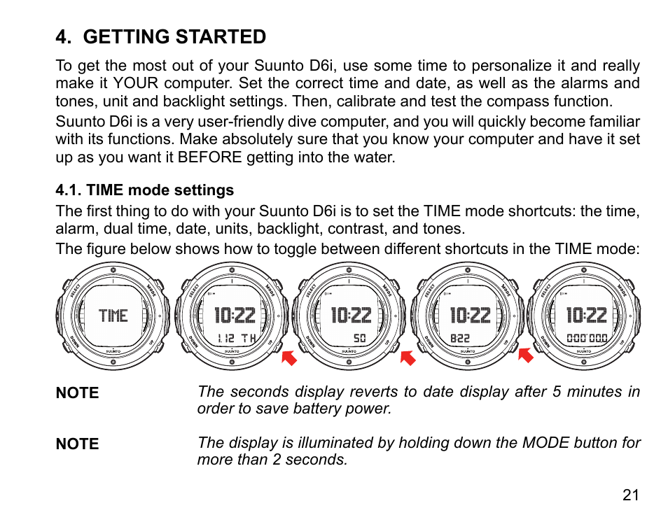 Getting started, Time mode settings | SUUNTO D6I User Manual | Page 20 / 130