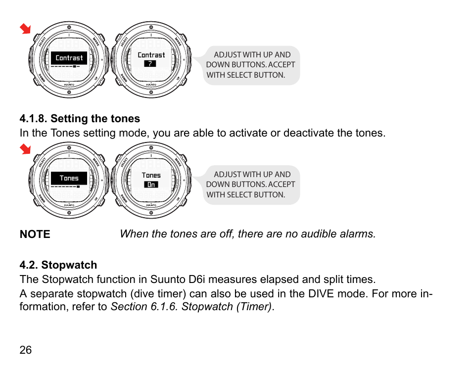 Setting the tones, Stopwatch | SUUNTO D6I User Manual | Page 25 / 130