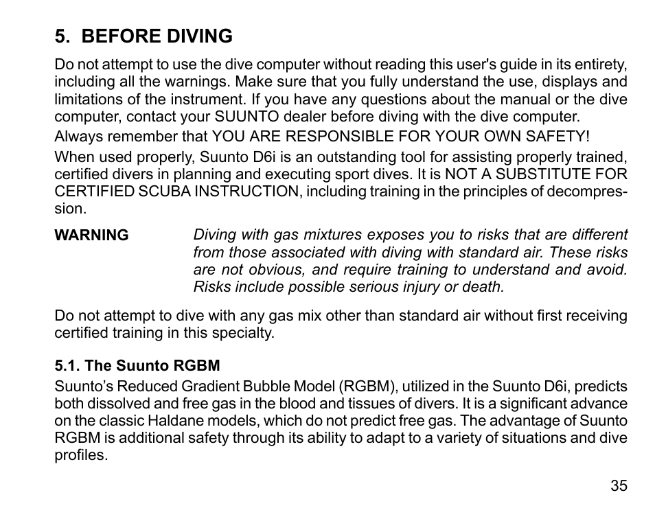 Before diving, The suunto rgbm | SUUNTO D6I User Manual | Page 34 / 130