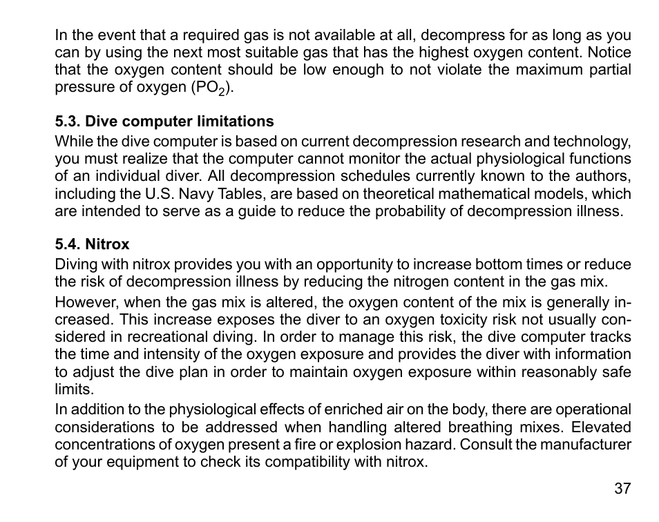 Dive computer limitations, Nitrox, 37 5.4. nitrox | SUUNTO D6I User Manual | Page 36 / 130