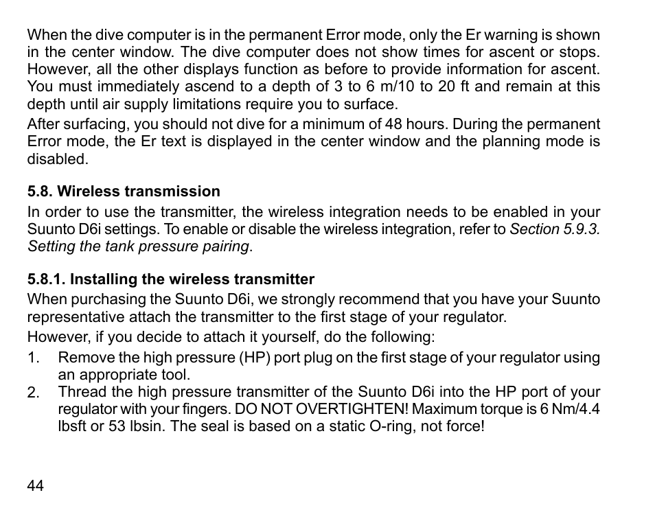 Wireless transmission, Installing the wireless transmitter | SUUNTO D6I User Manual | Page 43 / 130