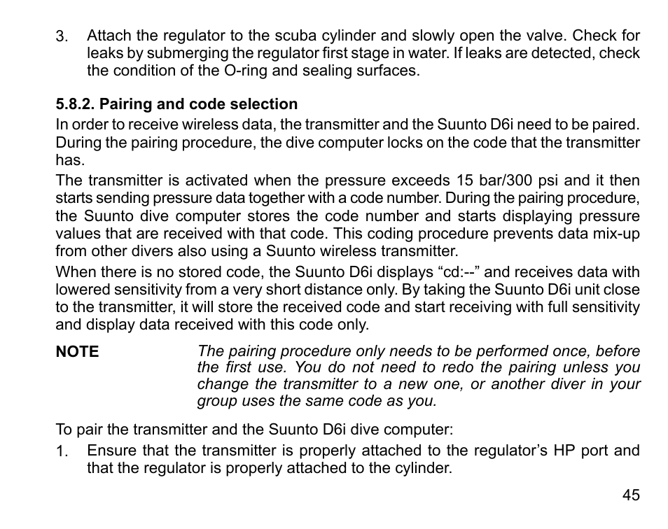 Pairing and code selection | SUUNTO D6I User Manual | Page 44 / 130