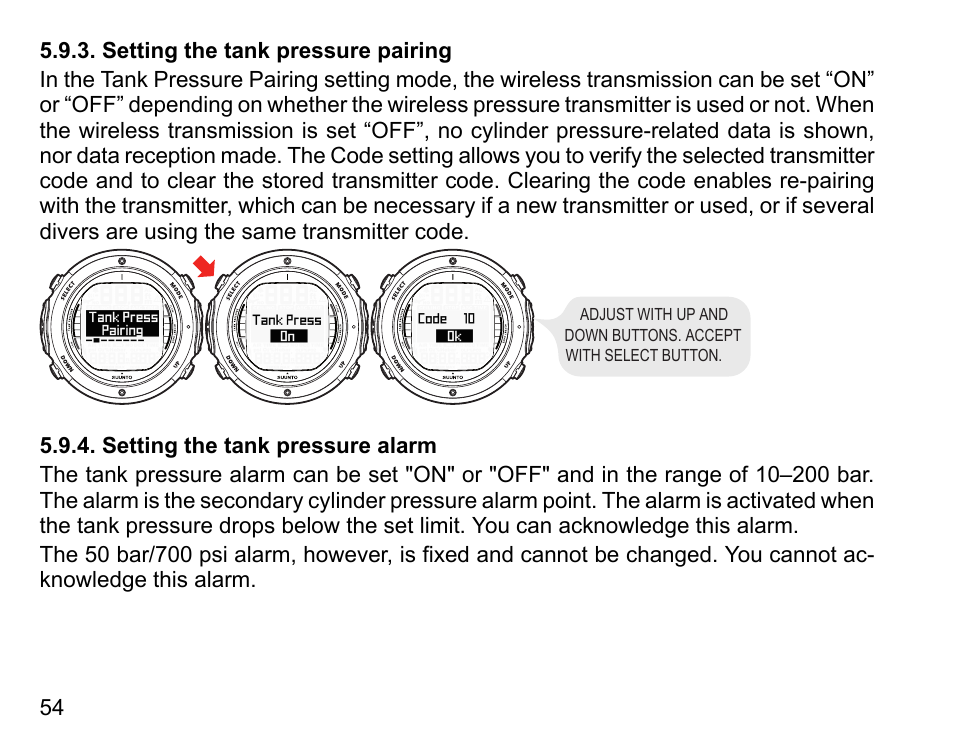 Setting the tank pressure pairing, Setting the tank pressure alarm, 54 5.9.4. setting the tank pressure alarm | SUUNTO D6I User Manual | Page 53 / 130