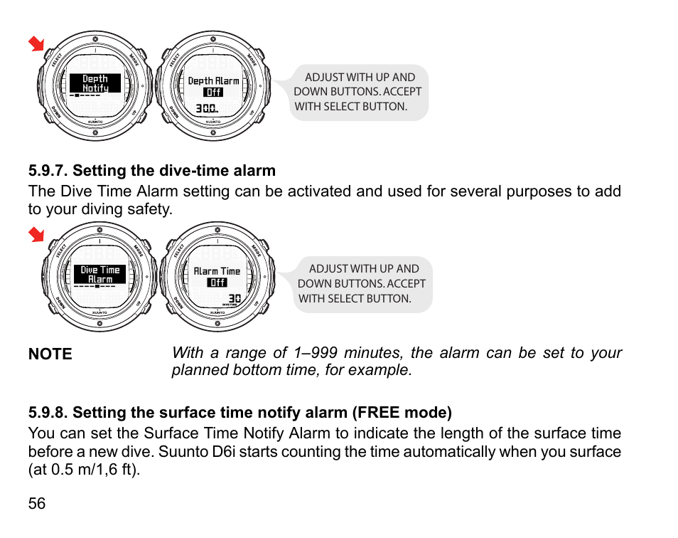 Setting the dive-time alarm, Setting the surface time notify alarm (free mode) | SUUNTO D6I User Manual | Page 55 / 130